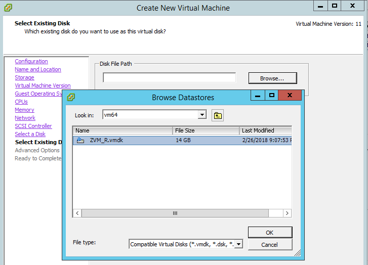 Create VM - Select existing disk file